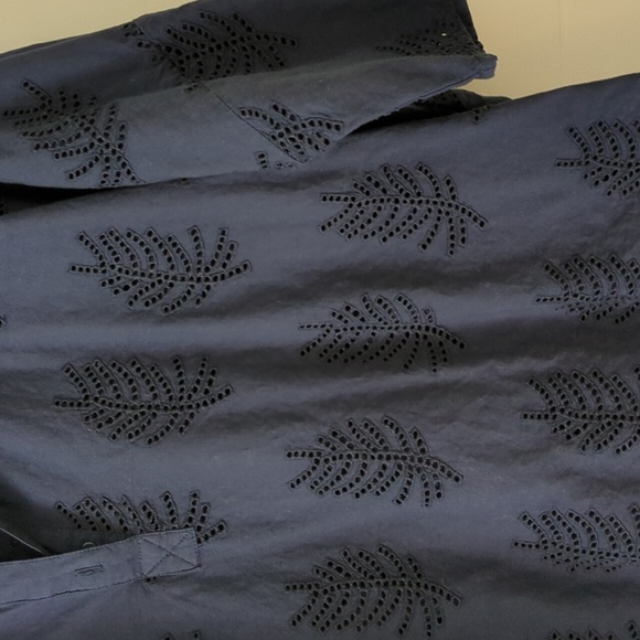 Couchel Navy Blue Leaf Eyelet Oversized Boho Relaxed Fit Dropped Shoulder Top - Picture 3 of 7